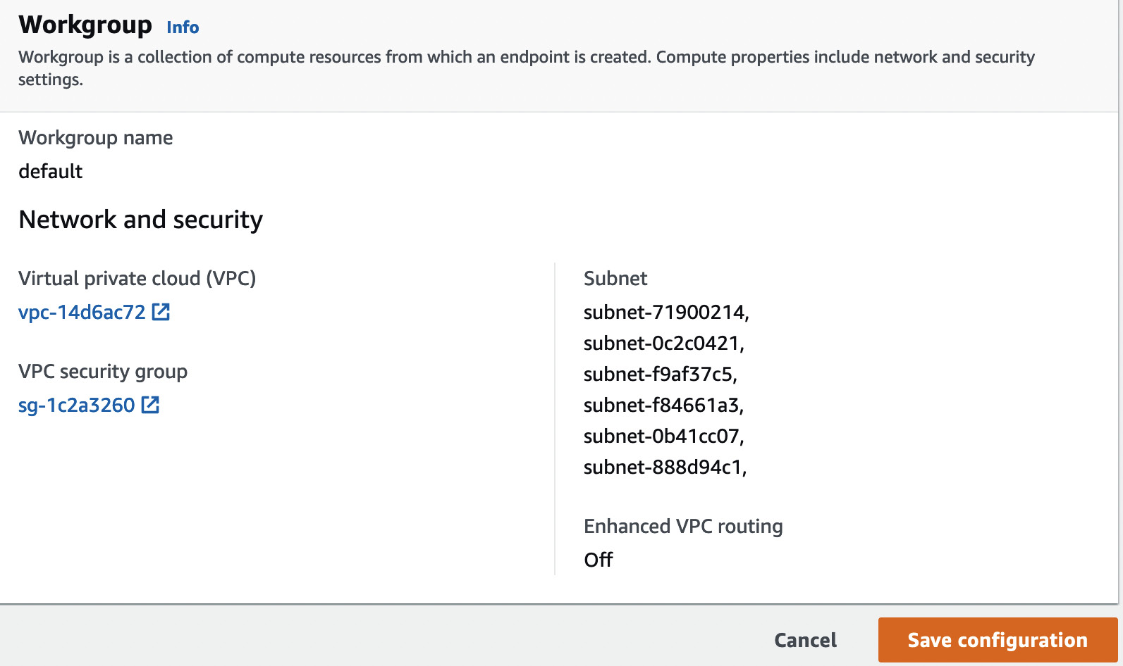 Figure 1.11 – Default settings and associated subnets for the workgroup