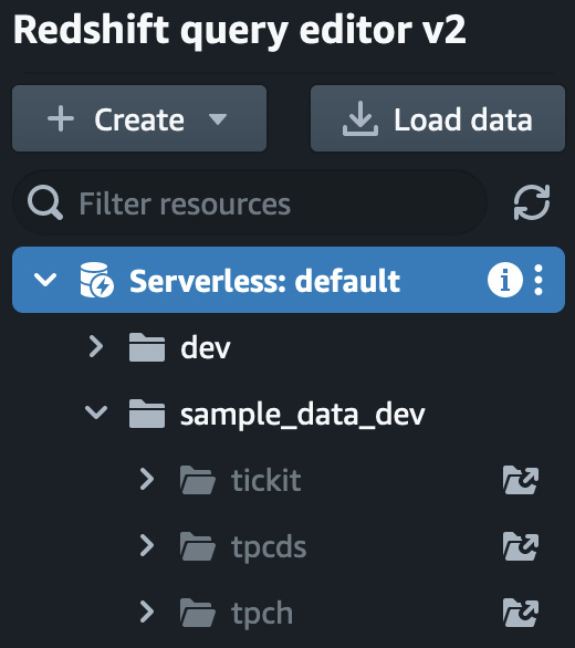 Figure 1.17 – The Redshift query editor v2 navigator that shows the sample data available