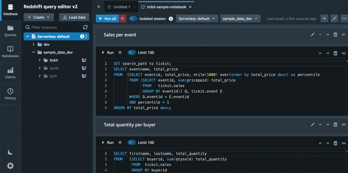 Figure 1.20 – Notebook with sample queries for the tickit database