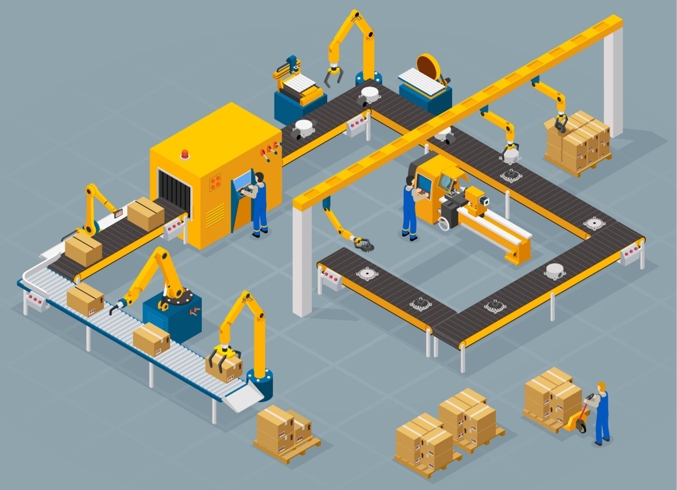 Figure 1.6 – A view of a production line with various stations, operators, and conveyors