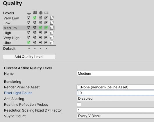 Figure 6.13 – Quality settings for optimizing the amount of available lights rendered in our demo scene