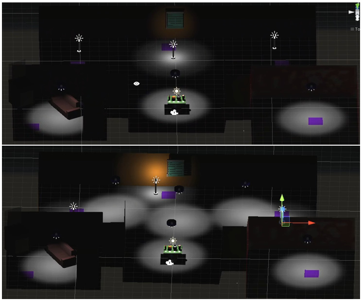 Figure 6.14 – Optimizing rendered lights in our demo scene: before (top) and after (bottom)