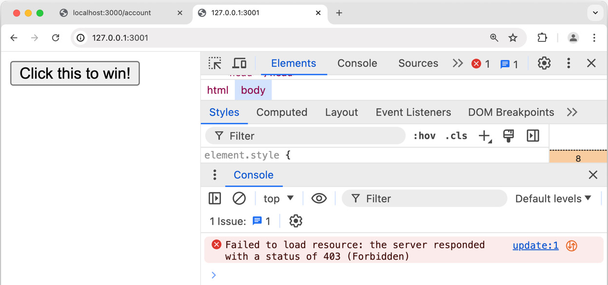 Figure 9.13 – The Chrome DevTools window showing 403 (Forbidden) on our CSRF request