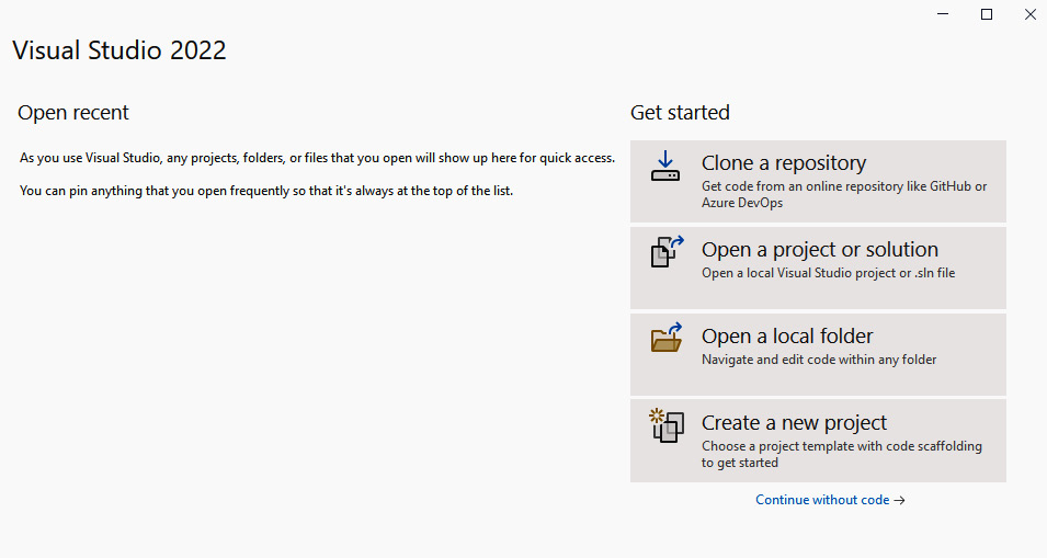 Figure 10.2 – The Visual Studio 2022 launch dialog