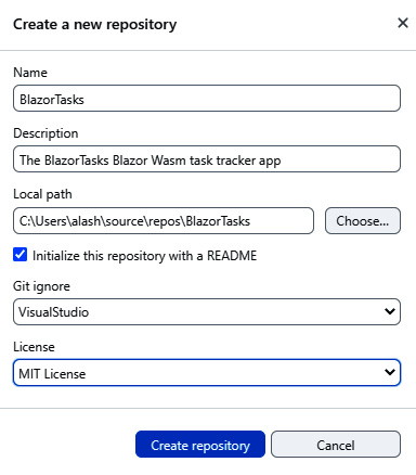 Figure 12.11 – Creating a new local GitHub repository for the BlazorTasks application