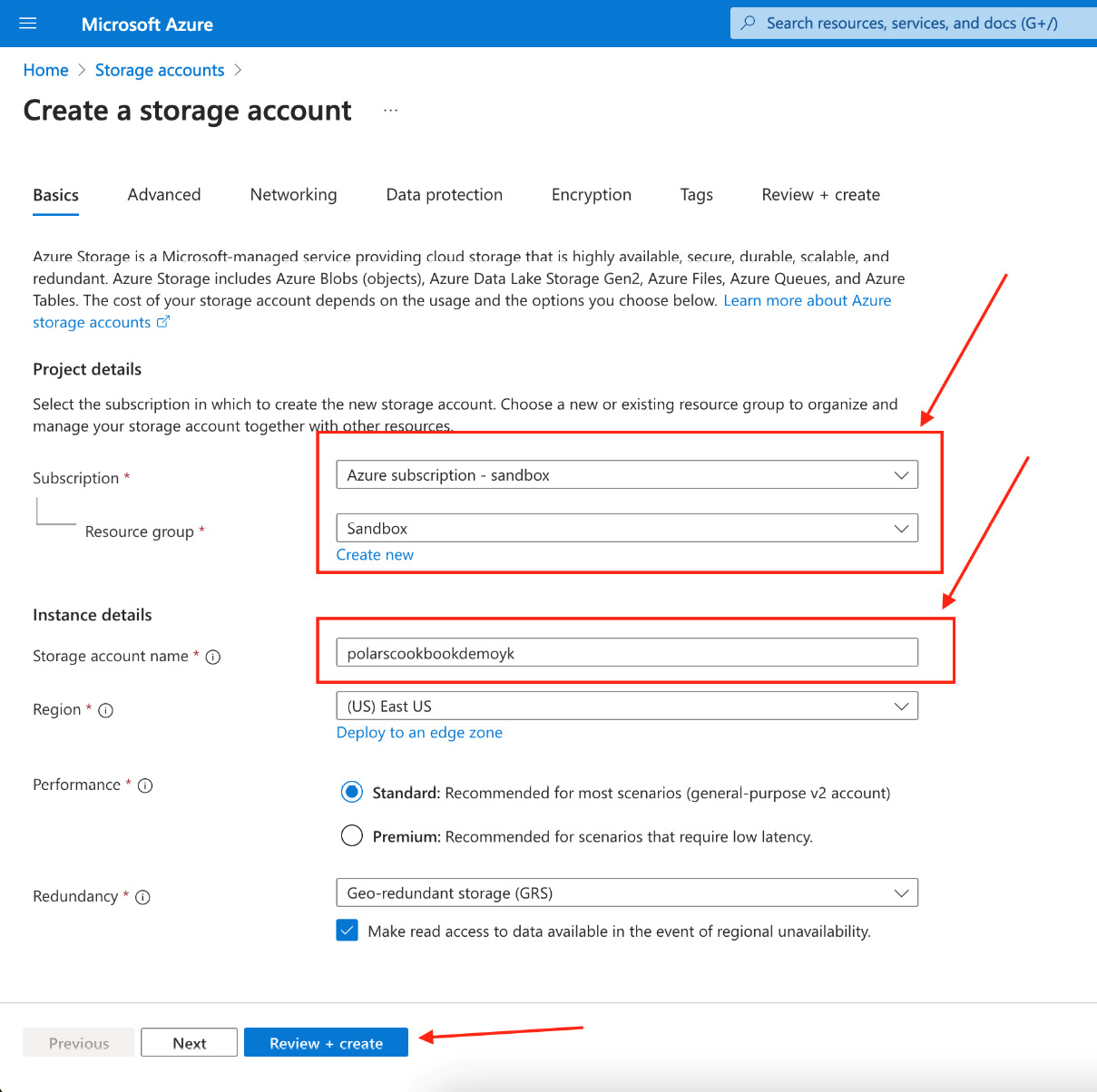 Figure 11.19 – Creating a storage account