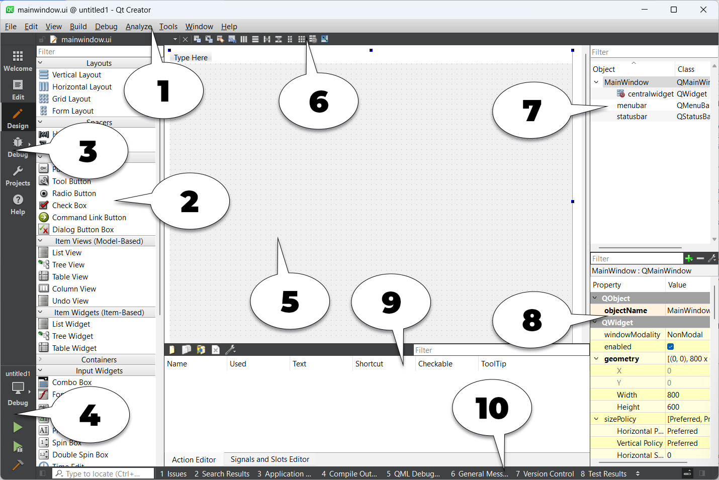 Figure 1.1 – Overview of Qt Designer’s interface