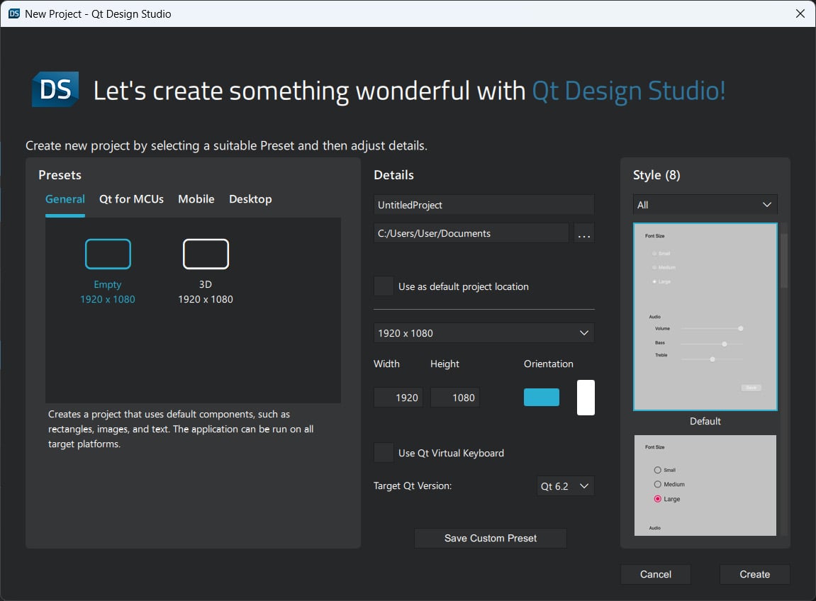 Figure 1.19 – Creating a new QML project in Qt Design Studio