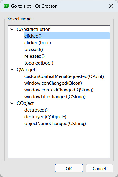 Figure 2.2 – Selecting the clicked() signal and pressing OK