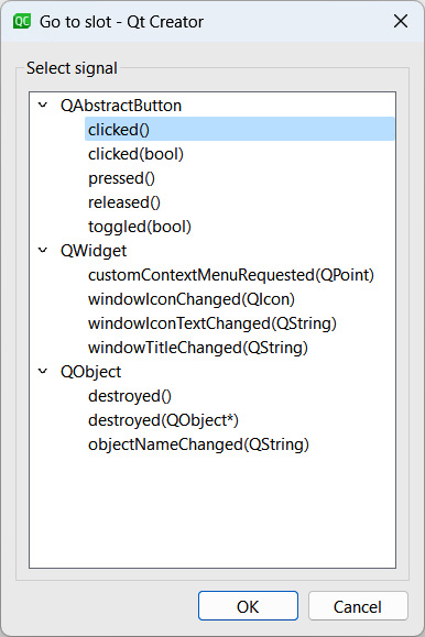 Figure 2.7 – Selecting the clicked() signal and pressing OK