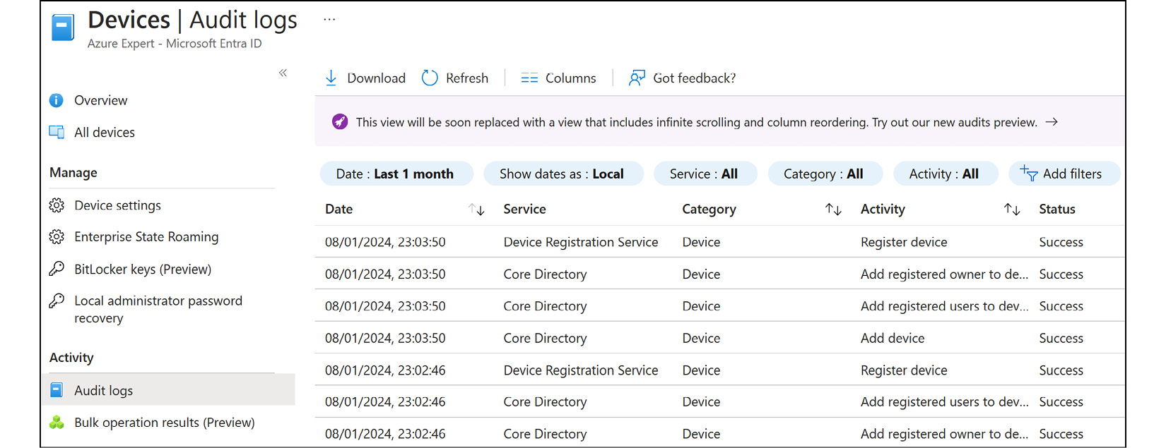 Figure 2.15: ﻿Microsoft Entra ID – the Audit logs blade