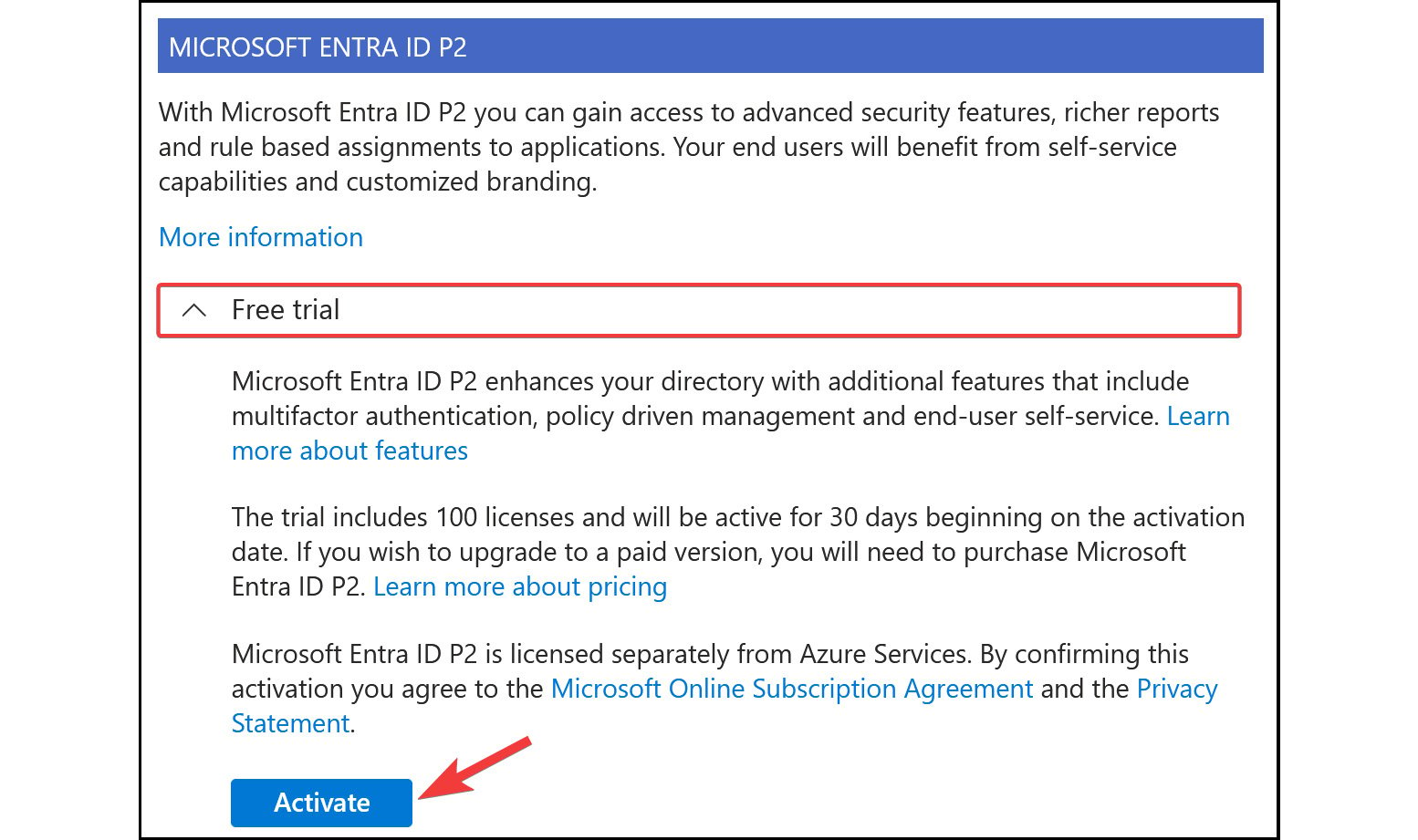 Figure 2.19: Microsoft Entra ID – activating a trial license