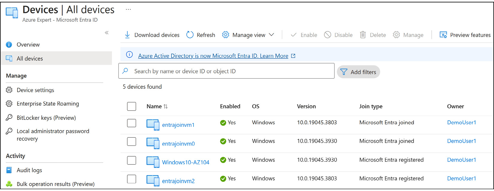 Figure 2.29: Displaying the﻿ recently joined Windows 10 devices