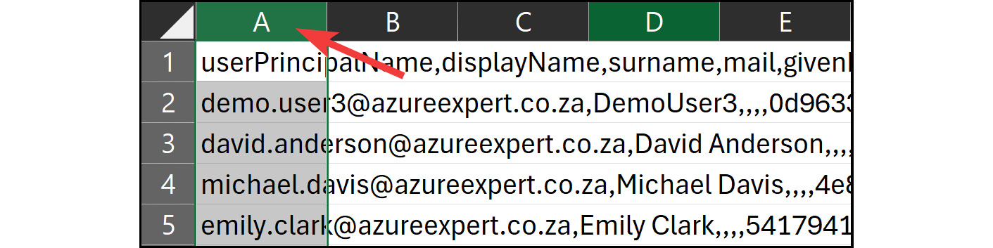 Figure 2.33: Bulk operations – selecting the A column in Excel