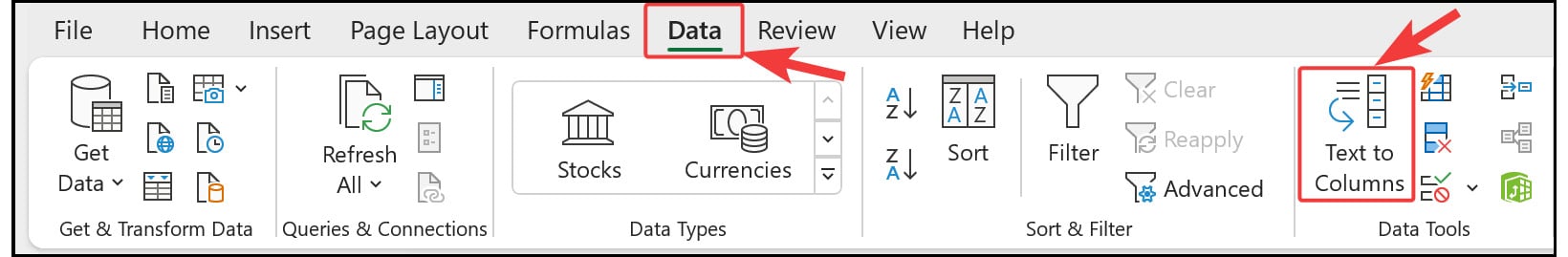 Figure 2.34: Bulk operations – selecting Text to Columns in Excel