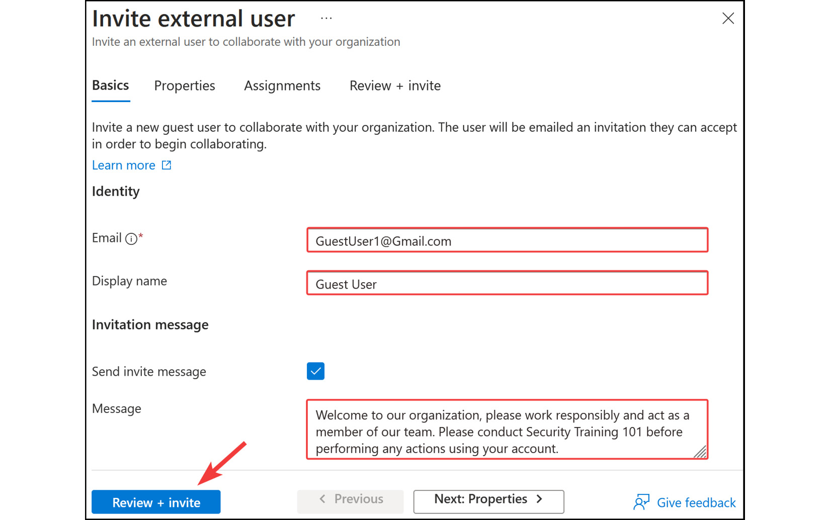 Figure 2.46: Microsoft Entra ID – inviting﻿ a guest user