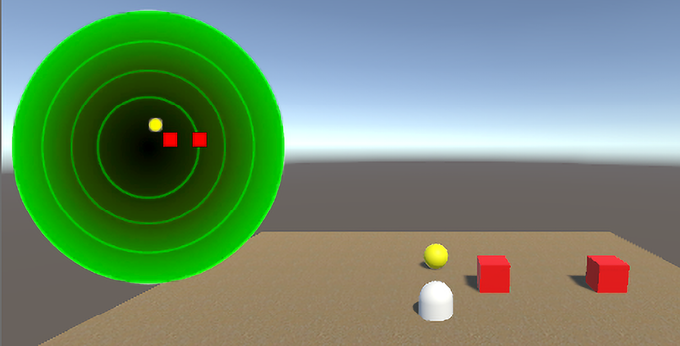 A green target with red squares and white balls

Description automatically generated