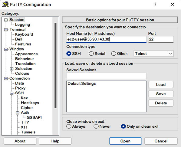 Figure 1.13 – Using PuTTY to connect to the Linux instanc﻿e