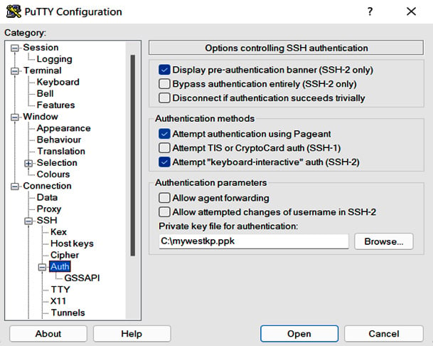 Figure 1.14 – Entering the key pair in PuTTY