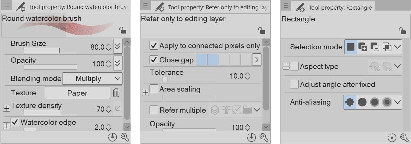 Figure 1.17 &ndash; Different configurations of the Tool Property palette