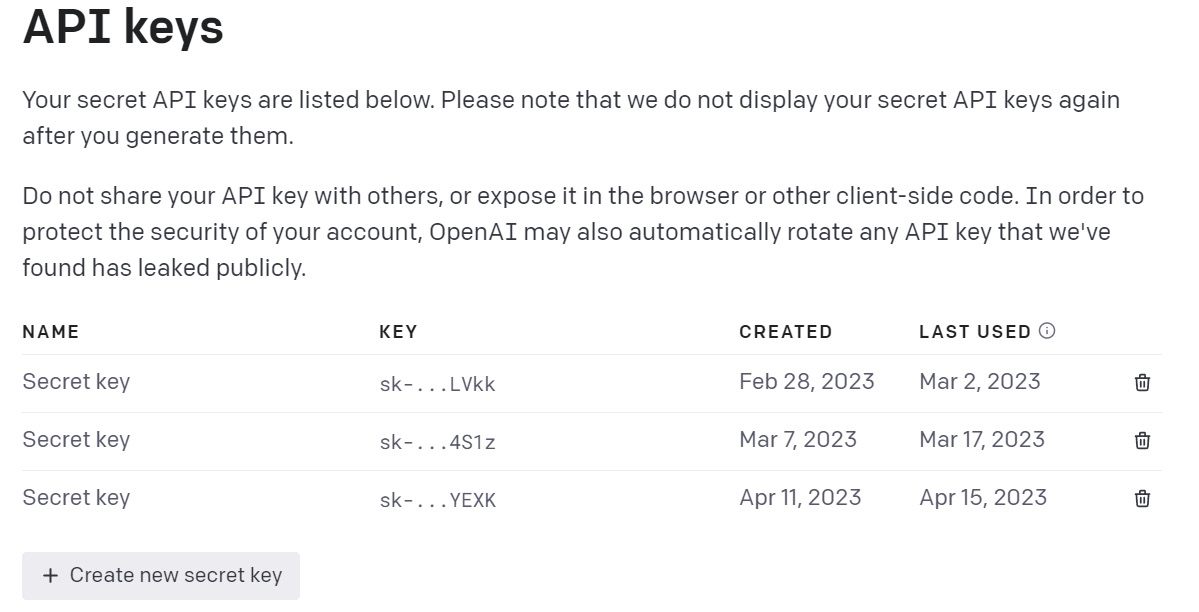 Figure 1.2 ﻿– The API keys screen