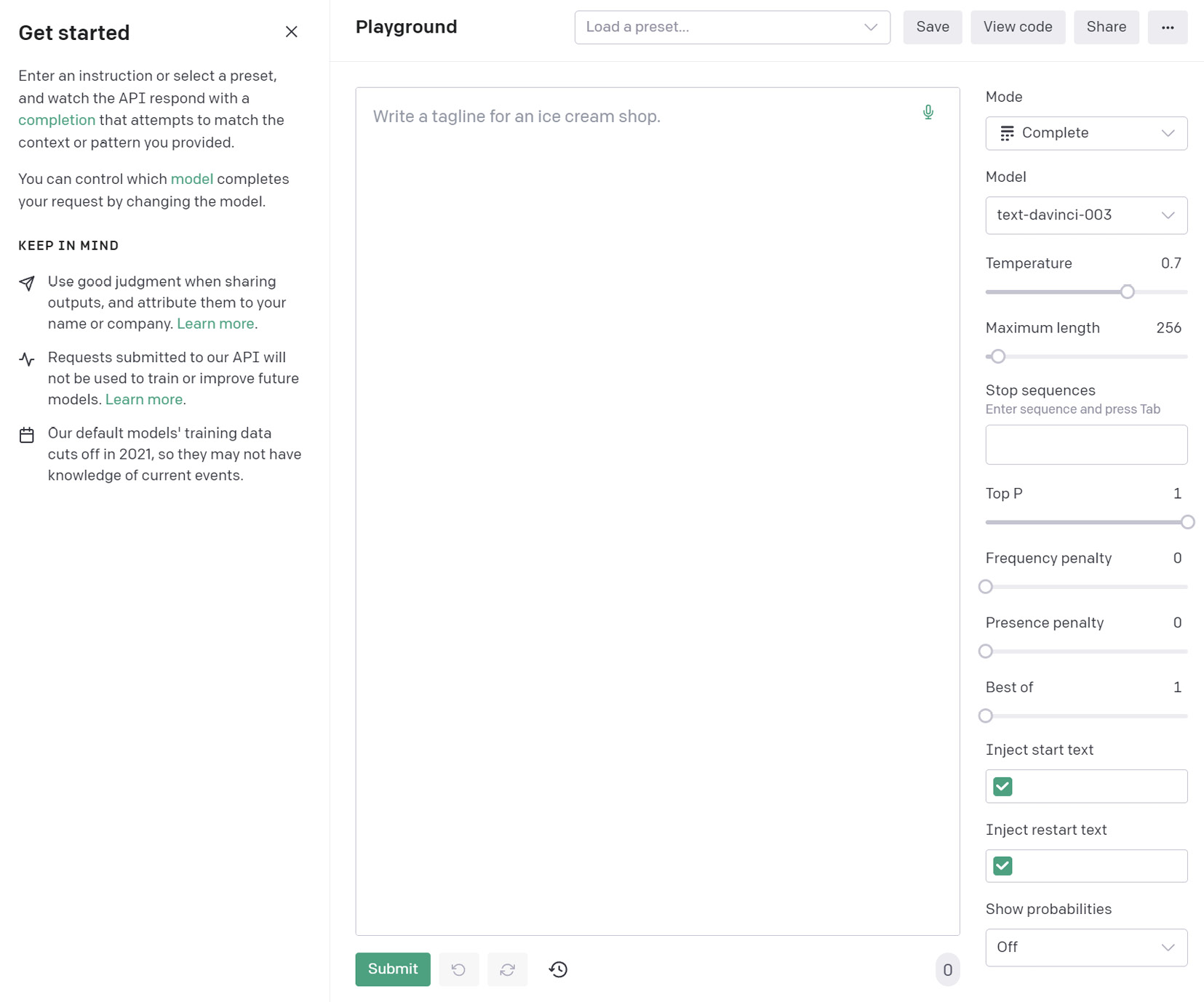 Figure 1.5 – The OpenAI Playground