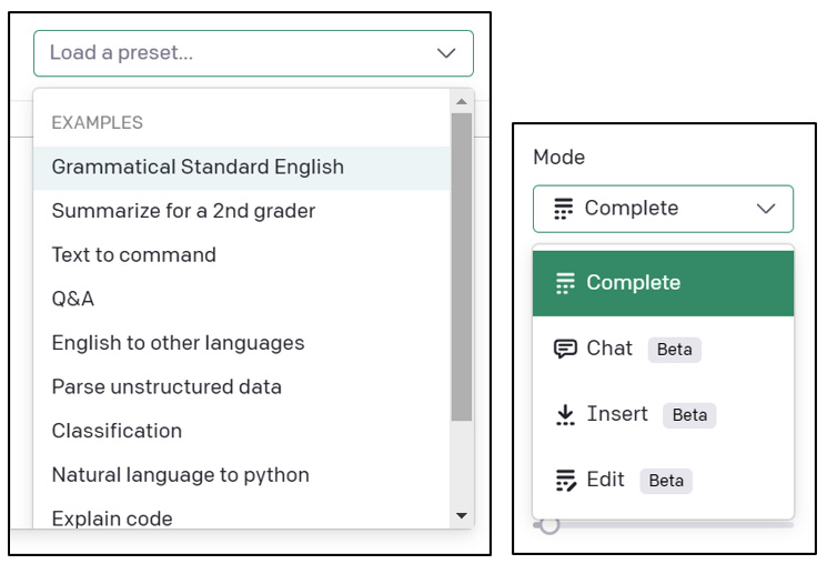 Figure 1.9 – Prompt presets and model modes