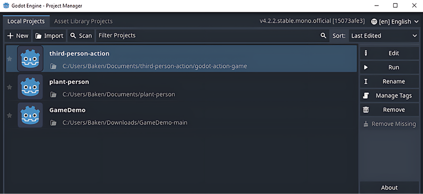 Figure 1.8: The Project List screen when launching Godot