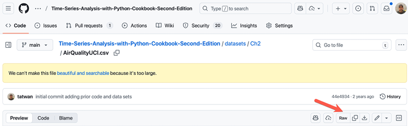 Figure 1.1: The GitHub page for the CSV file; note the View raw button
