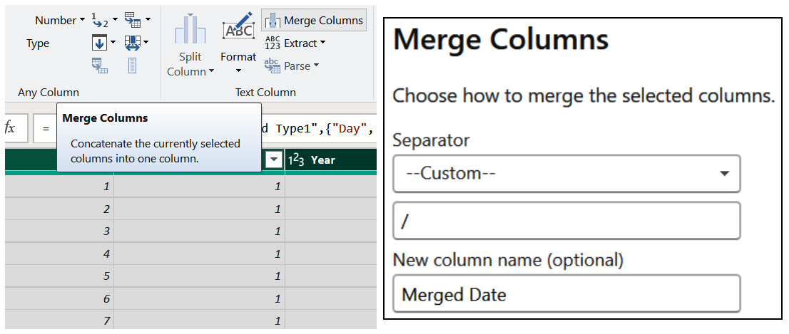 Figure 4.12 – The drop-down menu above the Merge Columns function (left) and a close-up of the UI for the Merge Columns ﻿function (right)