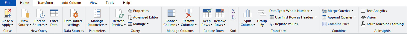 Figure 6.2 – Power Query ribbon with its important functions shown on the Home tab