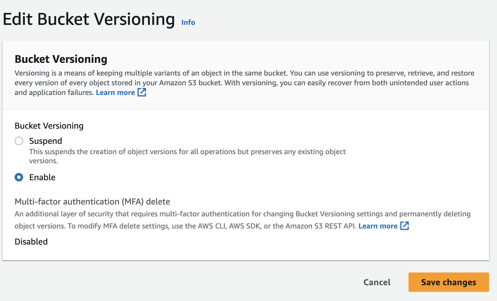 Figure 1.6 – Enabling bucket versioning