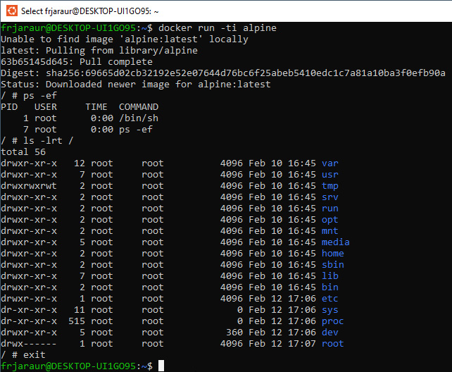 Figure 1.19 – Creating a container and executing some commands inside before exiting