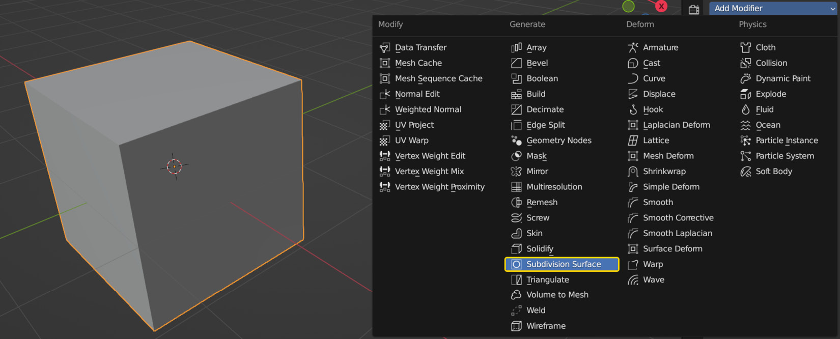 Figure 6.25 – Adding a Subdivision Surface modifier to a cube