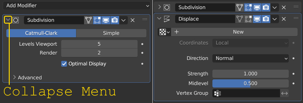 Figure 6.27 – Collapsing a modifier (left) and adding a Displace modifier (right)