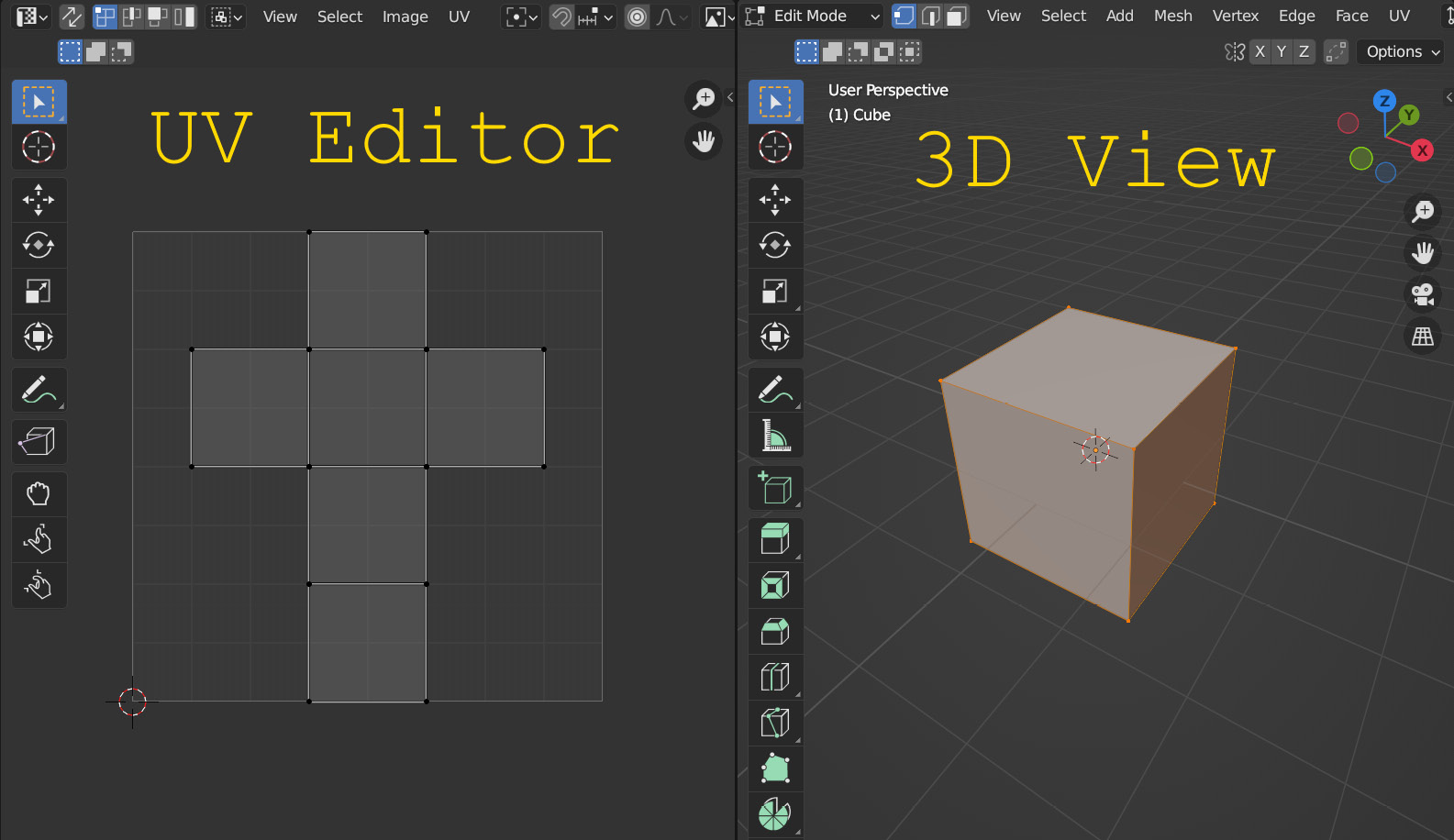 Figure 7.6 – A UV-unwrapped cube in the UV Editing workspace