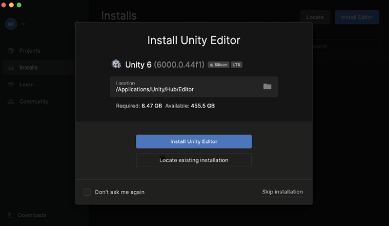 Figure 1.6: Install Unity Editor window