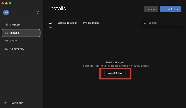 Figure 1.7: Unity Hub Installs panel