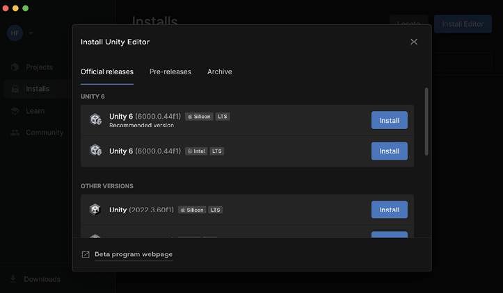 Figure 1.8: Add Unity version pop-up window