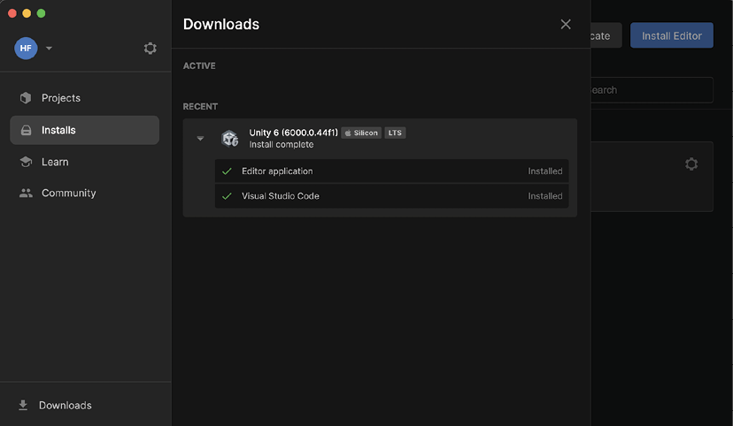 Figure 1.10: Installs tab with Unity versions