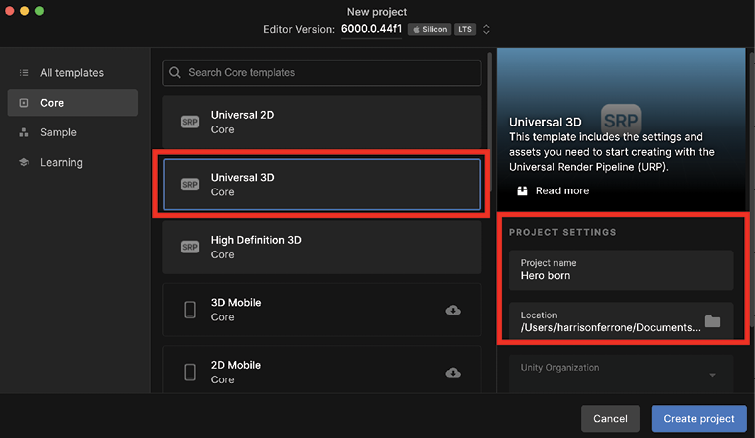 Figure 1.13: Unity Hub with the New project configuration popup