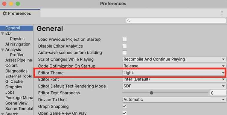 Figure 1.16: Unity general preferences panel