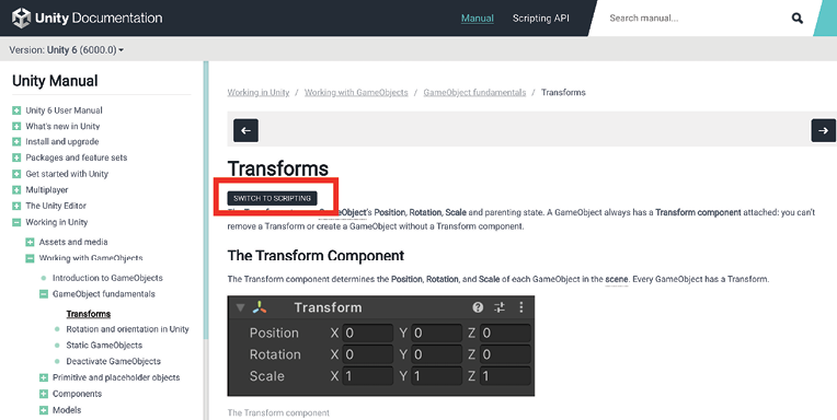 Figure 1.24: Unity Reference Manual with the SWITCH TO SCRIPTING button highlighted