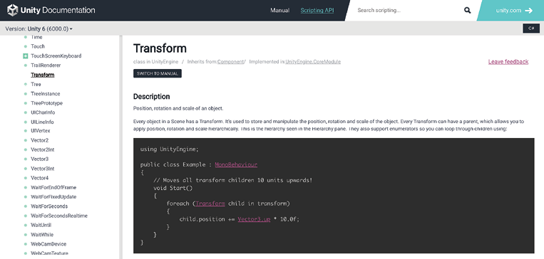 Figure 1.25: Unity scripting documentation with SWITCH TO MANUAL