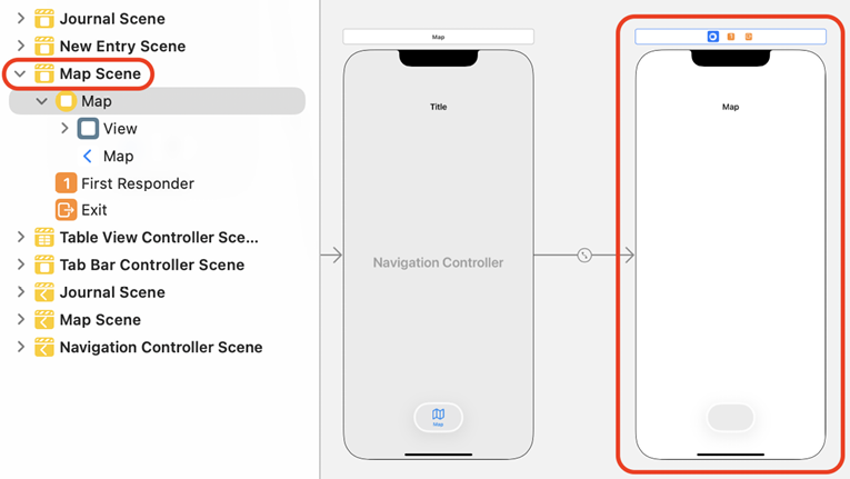 Figure 12.9: Editor area showing view controller scene for the Map scene