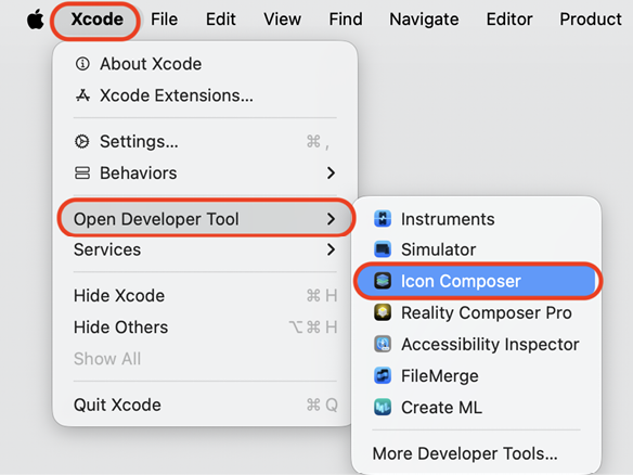 Figure 24.6: Xcode menu with Open Developer Tool | Icon Composer selected