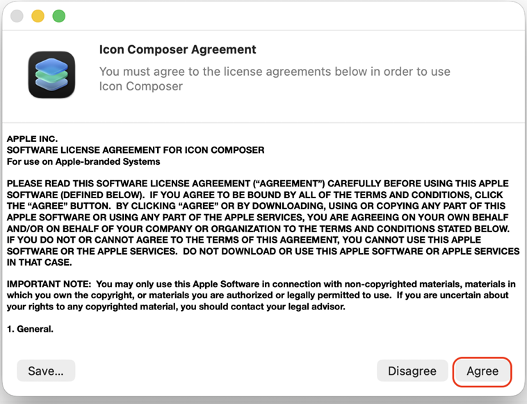 Figure 24.7: Icon Composer Agreement screen with Agree highlighted