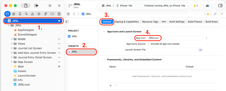 Figure 24.16: Xcode project showing App Icon set to the name of the Icon Composer file