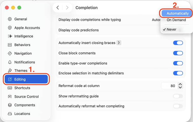 Figure 25.1: Settings window showing Display code predictions set to Automatically