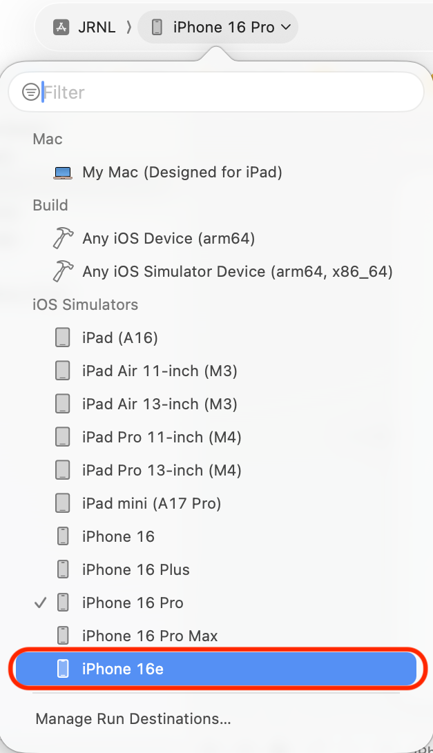 Figure 1.14: Xcode Destination pop-up menu with iPhone 16e selected